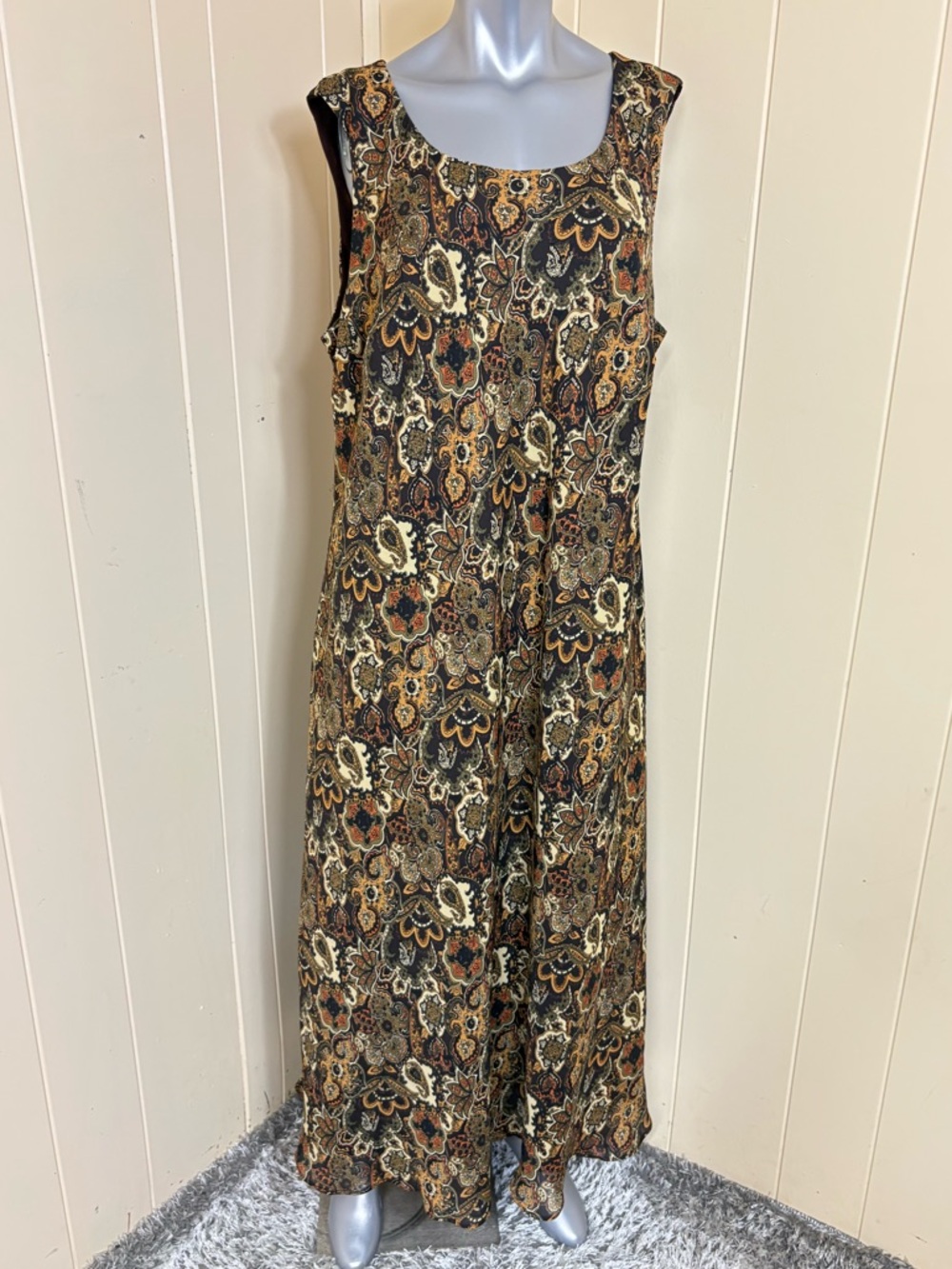 Studio I Floral Paisley chiffon Sleeveless Maxi Dress Green Brown Lined Size 22W